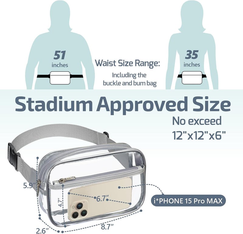 Veckle Clear Fanny Pack - Plus Size Only 35" - 51" Stadiuim Approved Clear Belt Bag for Women Transparent Waist Bag Crossbody for Sports Events, Concerts, Grey - Image 3